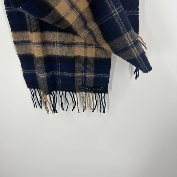 Vintage Warm Winter Scarf 100% Cashmere Plaid Blue Tan Fringe Unisex One Size - Picture 5 of 5